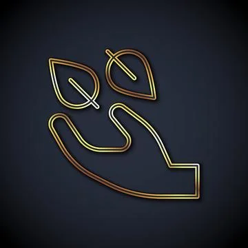 Gold line Tea leaf in hand icon isolated on black background. Tea leaves.  .. Illustrazione stock