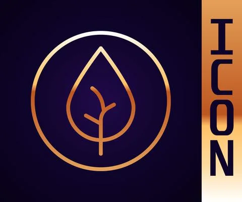 Gold line Tea leaf icon isolated on black background. Tea leaves. Vector Stock Illustration