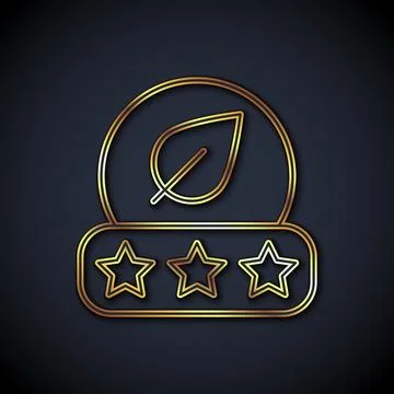 Gold line Tea leaf icon isolated on black background. Tea leaves. Vector Illustrazione stock
