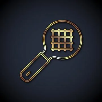 Gold line Tea strainer with handle icon isolated on black background. Metal Illustration