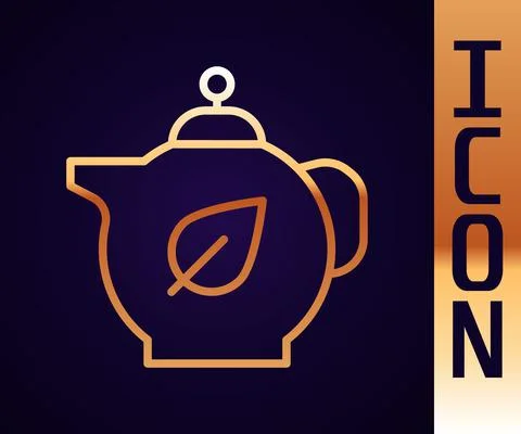 Gold line Teapot with leaf icon isolated on black background. Vector 스톡 일러스트