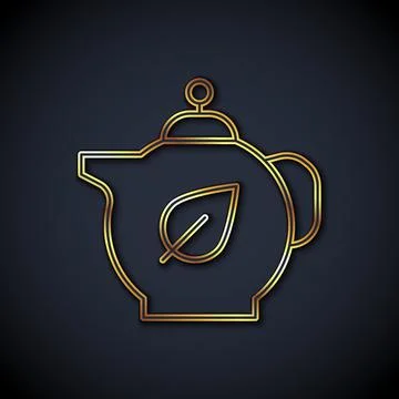 Gold line Teapot with leaf icon isolated on black background.  Vector Stock Illustration
