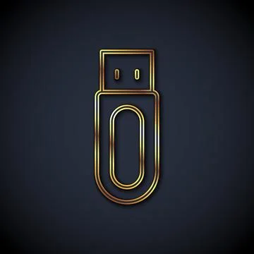 Gold line USB flash drive icon isolated on black background. Vector Stock Illustration