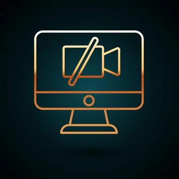 Gold line Video camera Off on computer icon isolated on dark blue background. No 스톡 일러스트