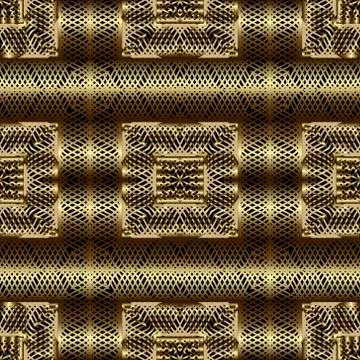 Gold lines 3d seamless pattern. Line art patterned ornamental grid background Illustrazione stock