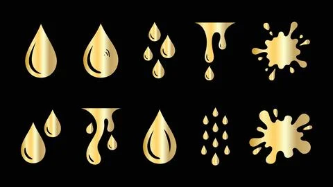 Gold liquid drops and splashing paint elements on black background for luxu.. Stock Illustration