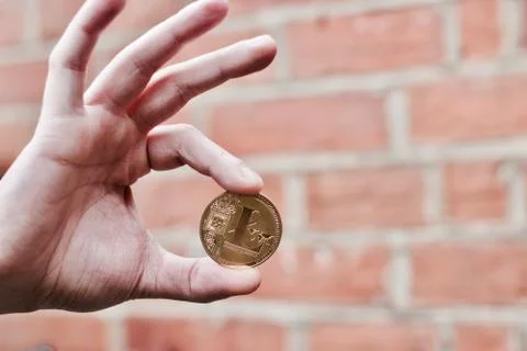 Gold Litecoin in hand Stock Photos