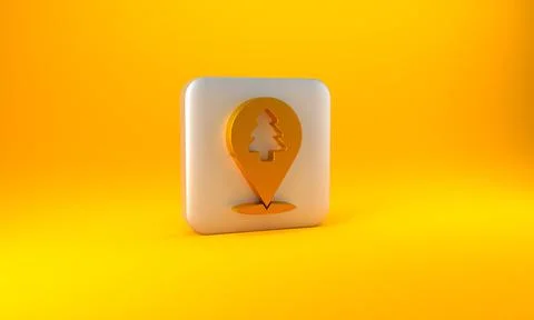 Gold Location of the forest on a map icon isolated on yellow background. Silver Stock Illustration