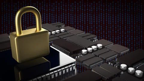 The Gold lock and PCB board for IT security concept 3d rendering. 스톡 사진