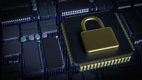 The Gold Lock on Chip for Technology or Security concept 3d Rendering. Illustrazione stock