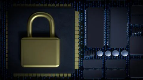 The Gold Lock on Chip for Technology or Security concept 3d Rendering. イラスト素材
