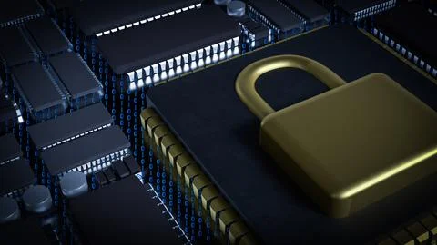 The Gold Lock on Chip for Technology or Security concept 3d Rendering. Stock-Illustration