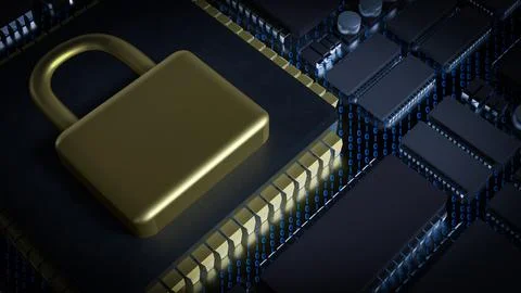 The Gold Lock on Chip for Technology or Security concept 3d Rendering. 스톡 사진