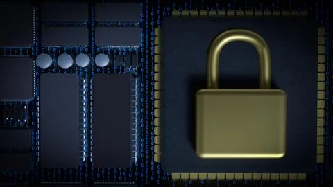 The Gold Lock on Chip for Technology or Security concept 3d Rendering. 스톡 사진