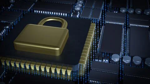 The Gold Lock on Chip for Technology or Security concept 3d Rendering. 스톡 사진