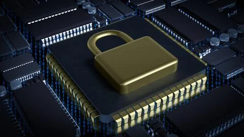 The Gold Lock on Chip for Technology or Security concept 3d Rendering. Stock Photos
