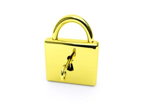 Gold lock with key over white Stock Illustration