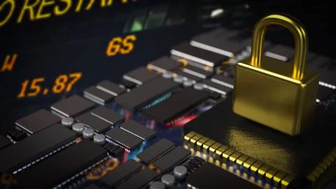 The gold lock on pcb board for Cybersecurity  or technology  concept 3d  re.. Stock Illustration