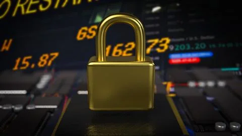 The gold lock on pcb board for Cybersecurity  or technology  concept 3d  re.. Ilustración de archivo