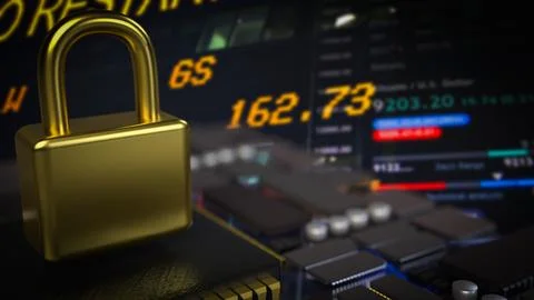 The gold lock on pcb board for Cybersecurity  or technology  concept 3d  re.. Ilustración de archivo