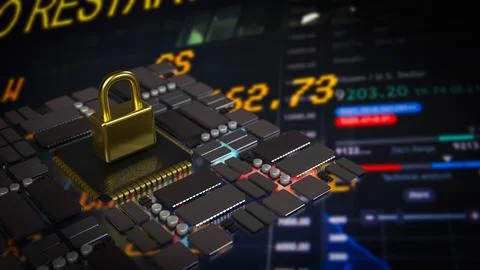 The gold lock on pcb board for Cybersecurity  or technology  concept 3d  re.. Ilustración de archivo