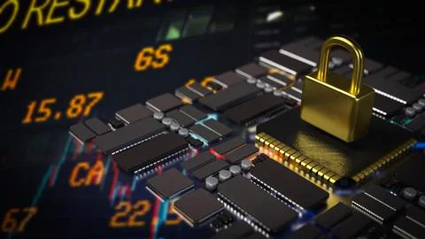 The gold lock on pcb board for Cybersecurity  or technology  concept 3d  re.. Stock Illustration