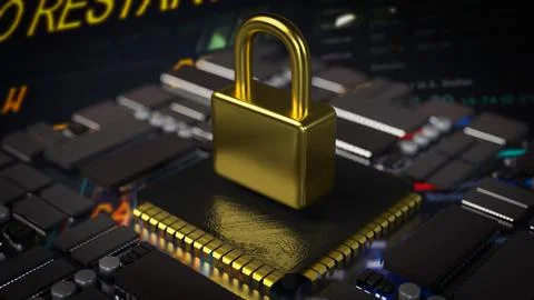 The gold lock on pcb board for Cybersecurity  or technology  concept 3d  re.. Ilustración de archivo