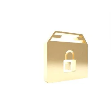 Gold Locked package icon isolated on white background. Lock and cardboard box 库存插图