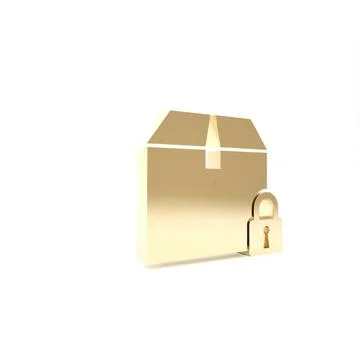 Gold Locked package icon isolated on white background. Lock and cardboard box イラスト素材
