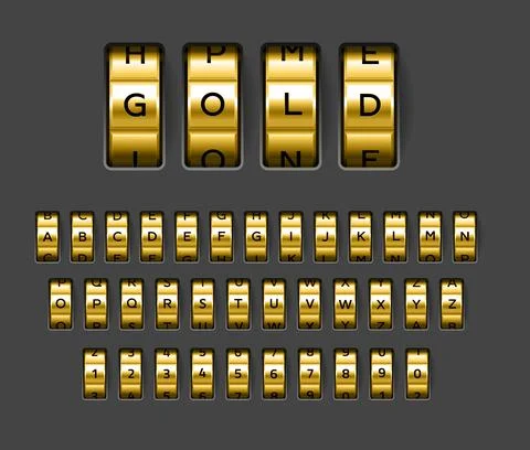 Gold locks combination. Realistic rotating secret unlock code font. Banking Stock Illustration