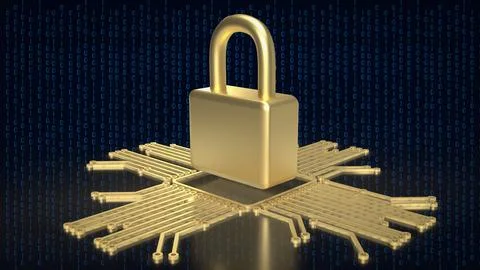 The gold logic and lock for it security or technology  concept 3d rendering. 스톡 일러스트