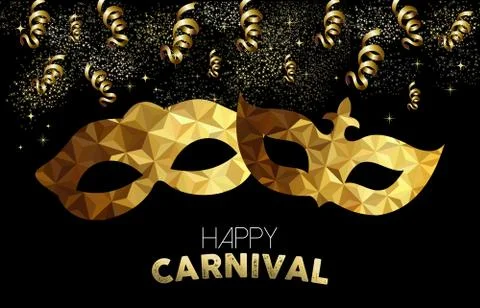 Gold low poly carnival masks with confetti Illustrazione stock