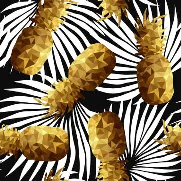 Gold low poly pineapple pattern with palm leaf Stock Illustration