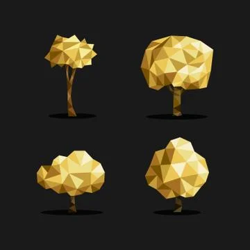 Gold low poly tree triangle set polygon origami Stock Illustration