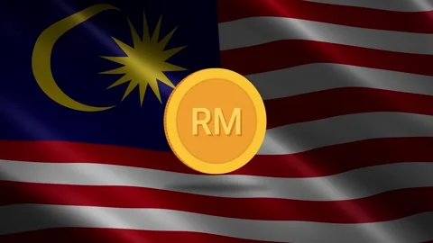 Gold Malaysian Ringgit coin spinning in front of the waving flag of Malaysia Vidéo 348302247