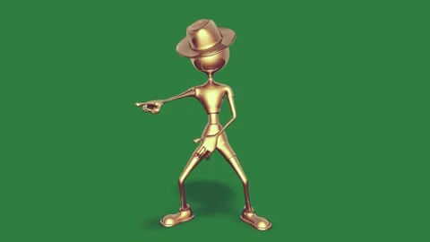 A gold man with hat on his head and in cowboy green screen golden pointing at Stock Footage 335938232