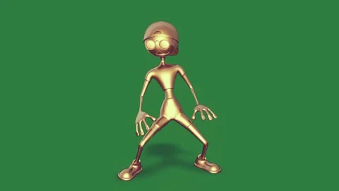 A gold man walking on green screen and robot standing running humanoid Stock Footage 335938234