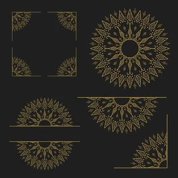Gold mandala ornament decorative elements luxury floral line art set Dark Stock Illustration