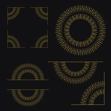 Gold mandala ornament decorative elements luxury floral line art set Dark Stock Illustration
