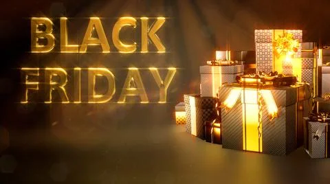 Gold many present boxes with text for black friday giveaway Illustrazione stock