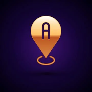 Gold Map pin icon isolated on black background. Navigation, pointer, location Stock Illustration