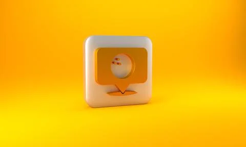 Gold Map pointer with bowling ball icon isolated on yellow background. Sport  Stock Illustration