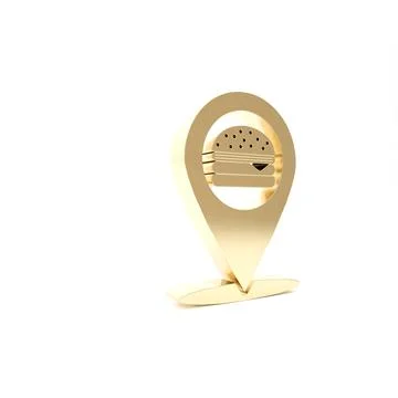 Gold Map pointer with fast food burger icon isolated on white background. 3d  Stock Illustration