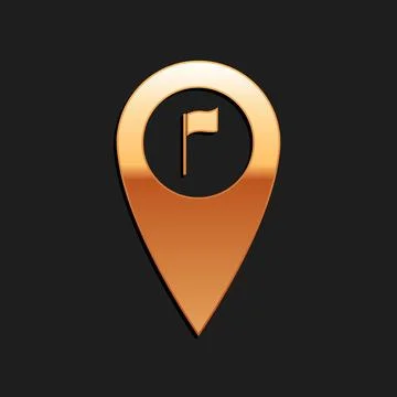 Gold Map pointer with golf flag icon isolated on black background. Location 스톡 일러스트