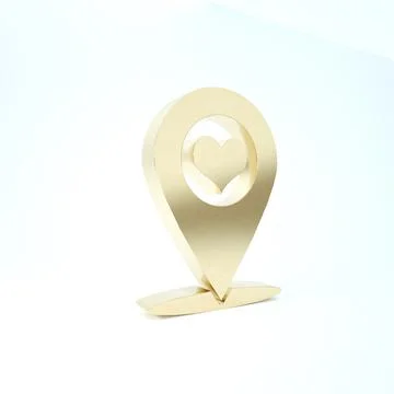 Gold Map pointer with heart icon isolated on white background. 3d illustratio Illustrazione stock