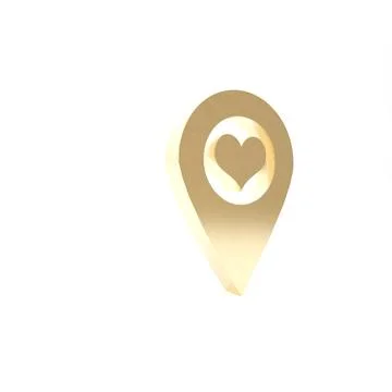 Gold Map pointer with heart icon isolated on white background. 3d illustratio Illustrazione stock