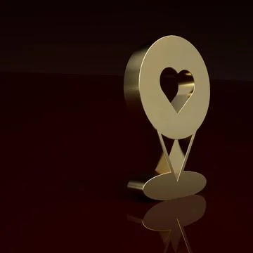 Gold Map pointer with heart icon isolated on brown background. Valentines day Stock Illustration