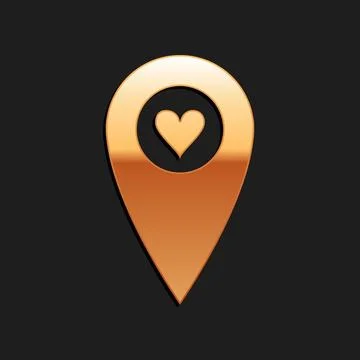 Gold Map pointer with heart icon isolated on black background. Valentines day Stock Illustration