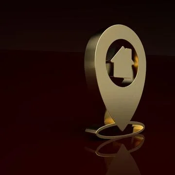 Gold Map pointer with house icon isolated on brown background. Home location Stock Illustration