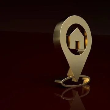 Gold Map pointer with house icon isolated on brown background. Home location Stock Illustration